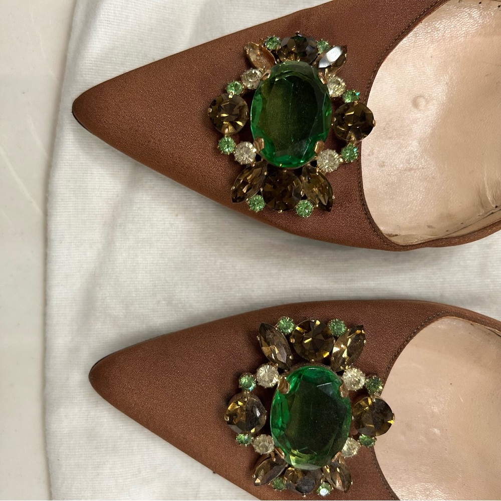 Manolo Blahnik Brown Heels with Green Embellishments
